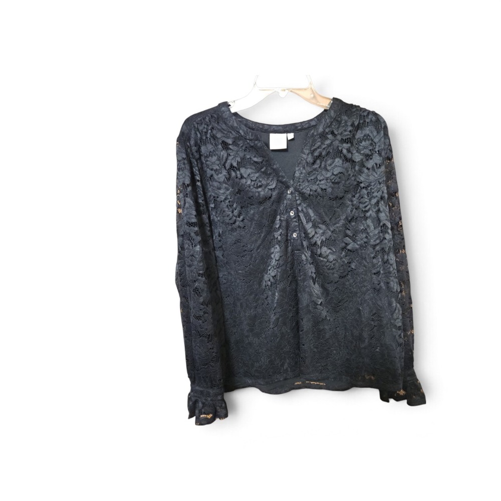 Zac & Rachel Black Floral Lace V-Neck Blouse Long Sleeve Ruffle Cuff Top 0601